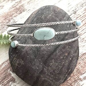 3-Stone Natural Larimar Cuff Bangle Sterling Silver Bracelet